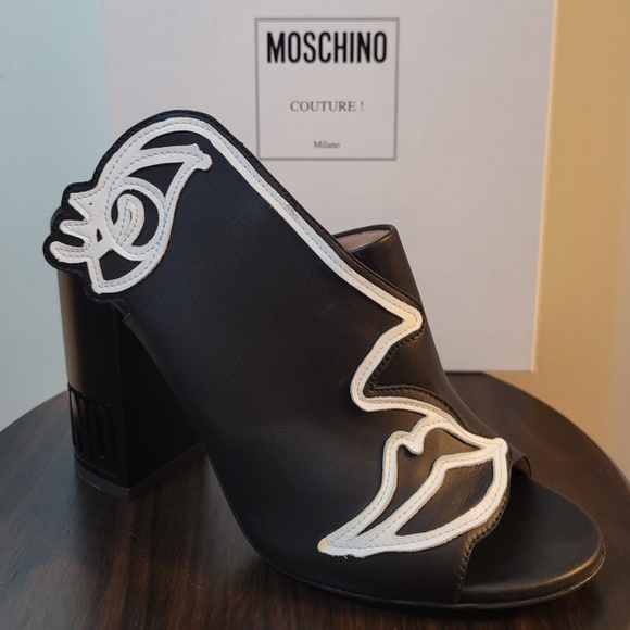 Moschino Black and White Illustration Face Sandal Heels EU 40 | US 10 - Picture 2 of 6